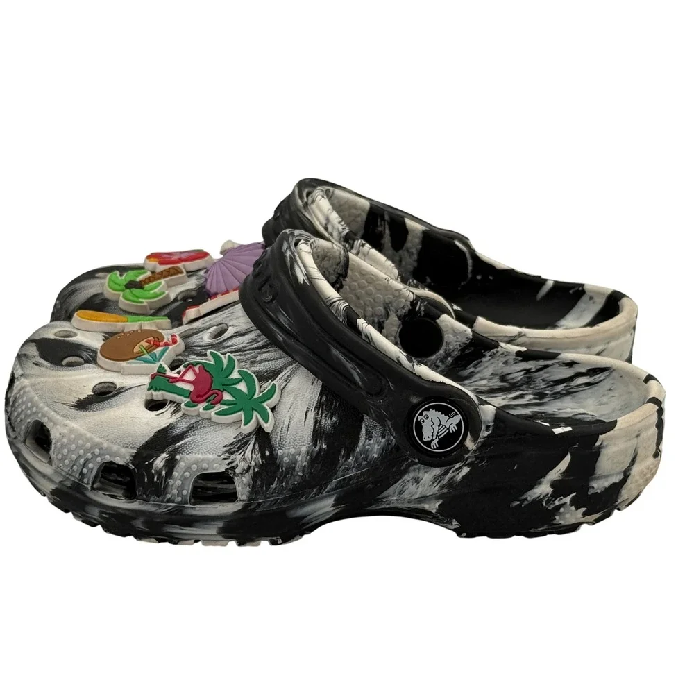 Crocs Comfort Slide Clogs‎ Toddler 11 Black & White Marbled Tropical Charms